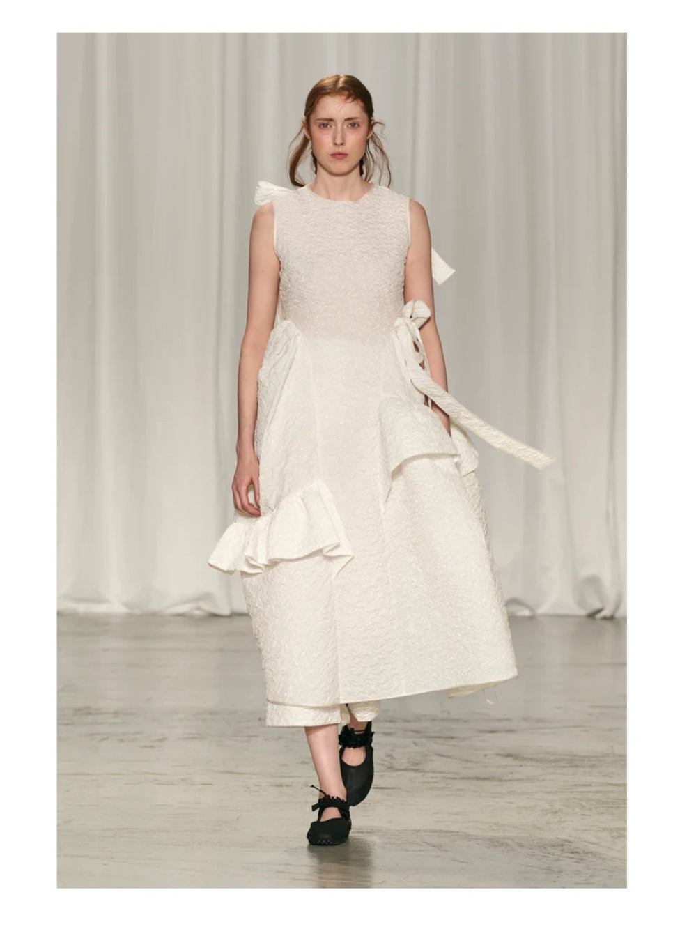 Cecilie Bahnsen Ivory Textured Overlay Dress with Ruffle Ties